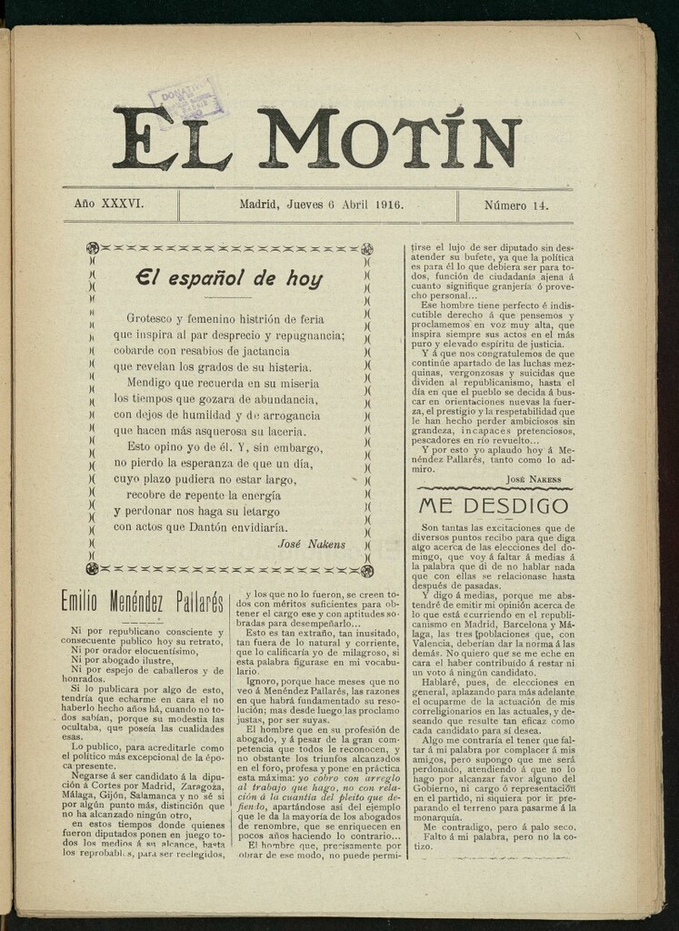 Miniatura de El Motín: periódico satírico semanal del 6 de abril de 1916. Año 36, número 14