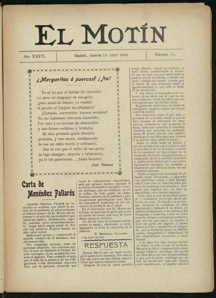 Miniatura de El Motín: periódico satírico semanal del 13 de abril de 1916. Año 36, número 15