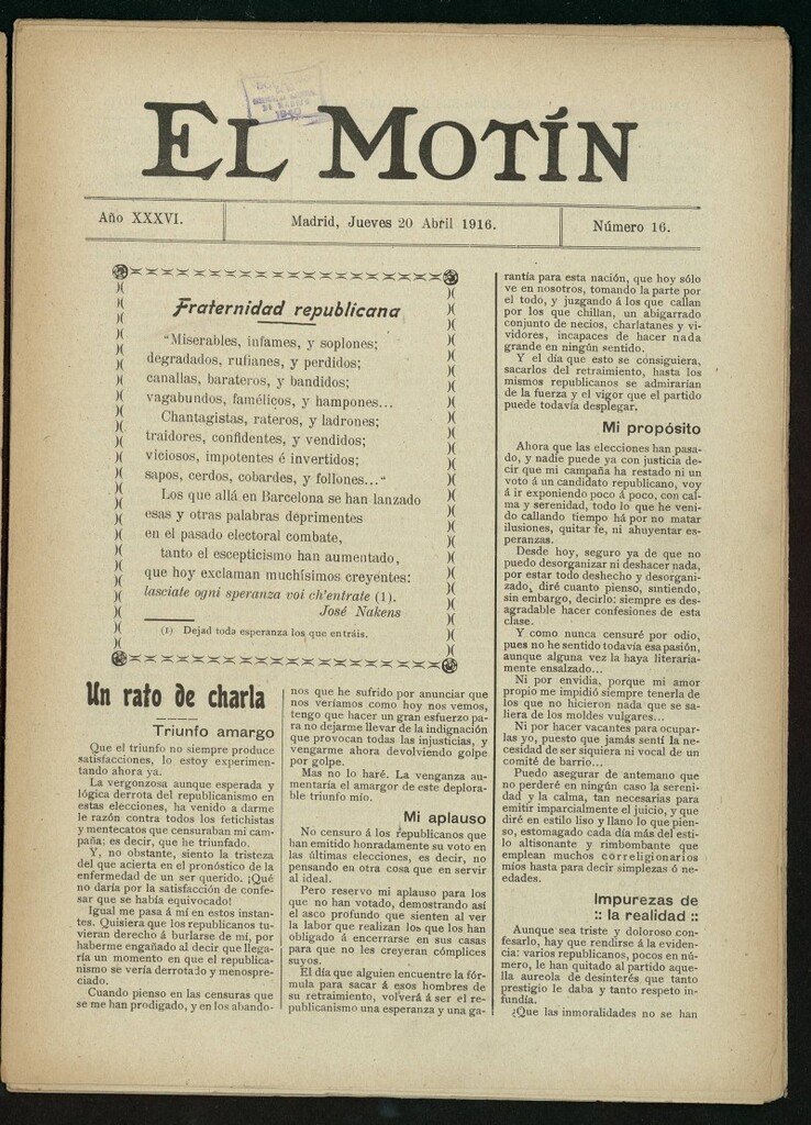 Miniatura de El Motín: periódico satírico semanal del 20 de abril de 1916. Año 36, número 16