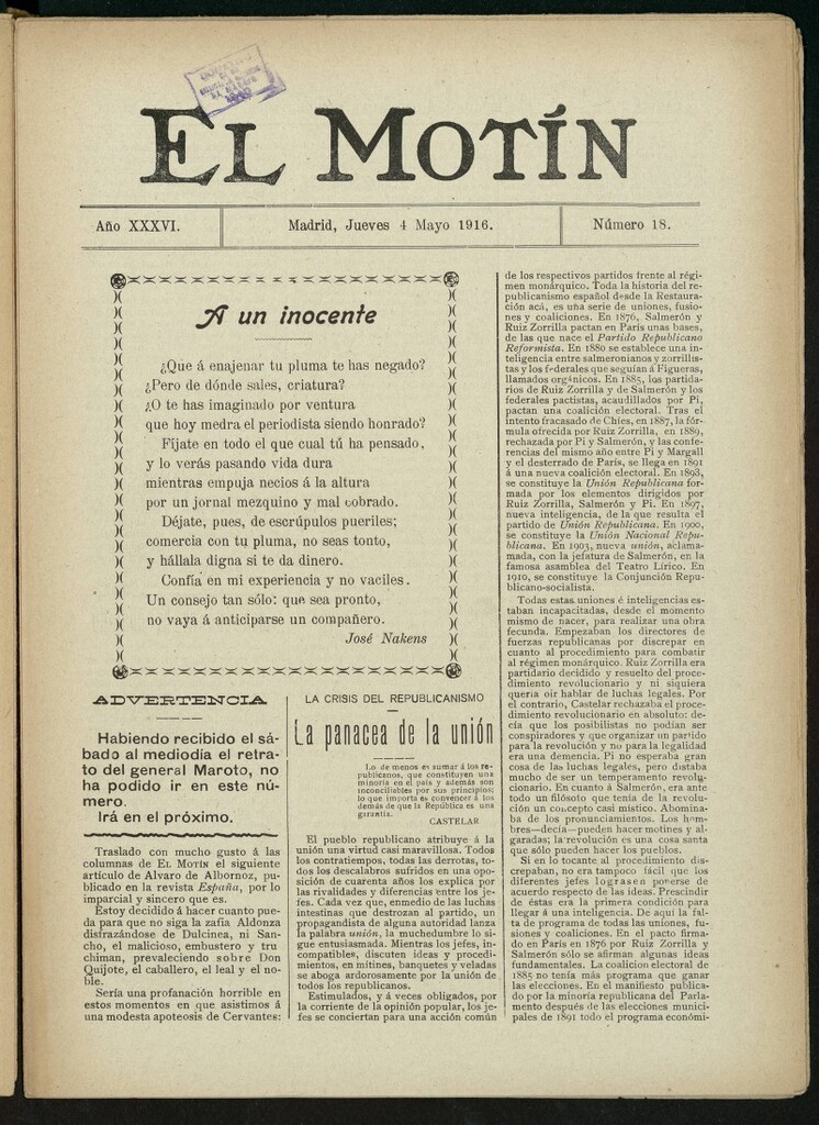 Miniatura de El Motín: periódico satírico semanal del 4 de mayo de 1916. Año 36, número 18