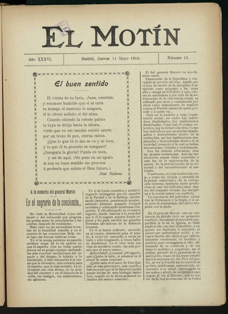 Miniatura de El Motín: periódico satírico semanal del 11 de mayo de 1916. Año 36, número 19