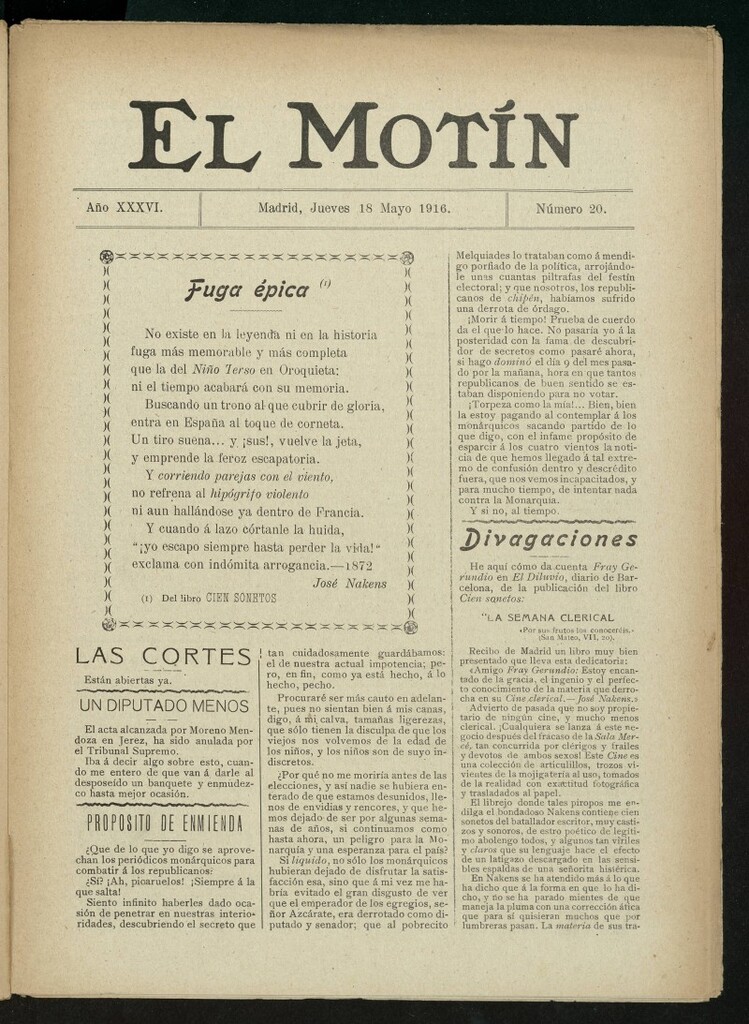 Miniatura de El Motín: periódico satírico semanal del 18 de mayo de 1916. Año 36, número 20