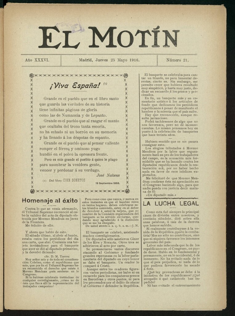 Miniatura de El Motín: periódico satírico semana del 25 de mayo de 1916. Año 36, número 21