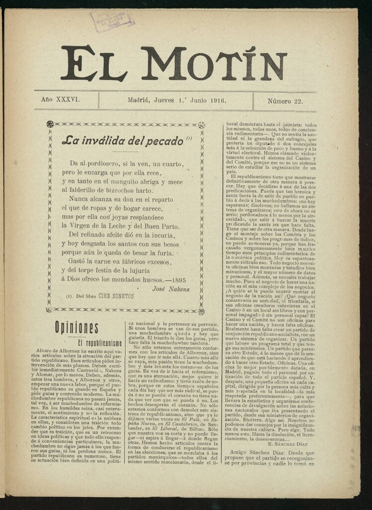 Miniatura de El Motín: periódico satírico semanal del 1 de junio de 1916. Año 36, número 22