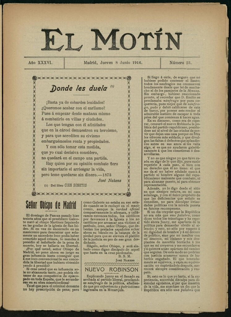 Miniatura de El Motín: periódico satírico semanal del 8 de junio de 1916. Año 36, número 23