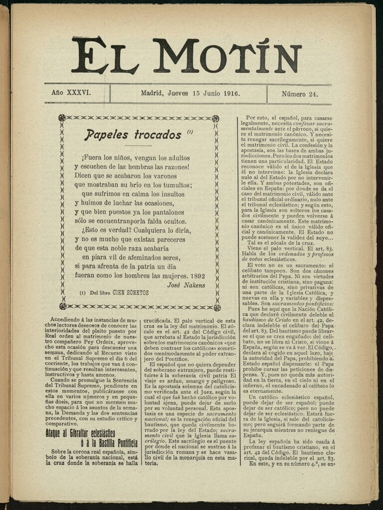 Miniatura de El Motín: periódico satírico semanal del 15 de junio de 1916. Año 36, número 24