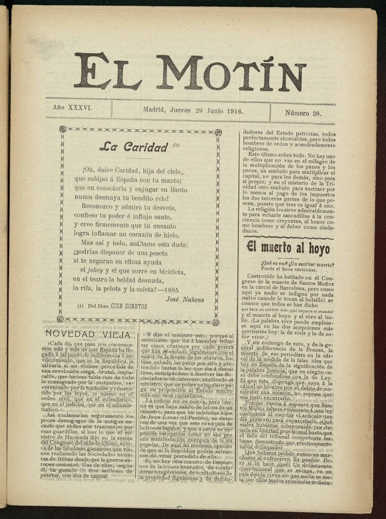 Miniatura de El Motín: periódico satírico semanal del 29 de junio de 1916. Año 36, número 26