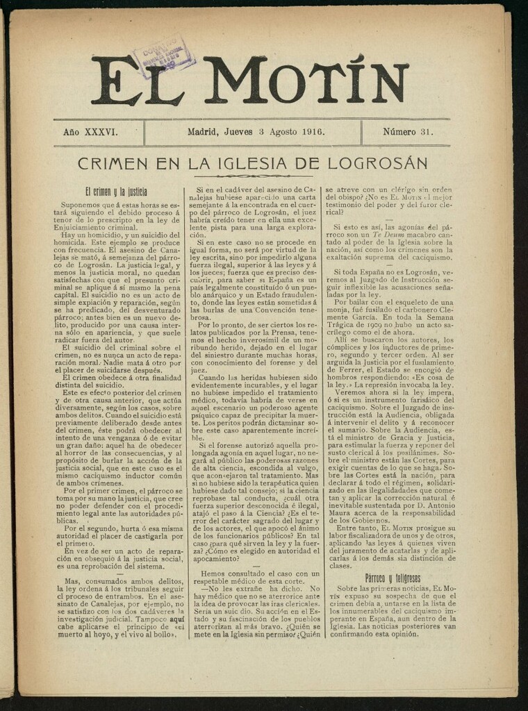 Miniatura de El Motín: periódico satírico semanal del 3 de agosto de 1916. Año 36, número 31