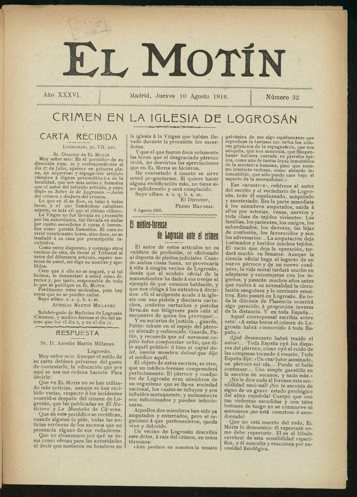 Miniatura de El Motín: periódico satírico semanal del 10 de agosto de 1916. Año 36, número 32