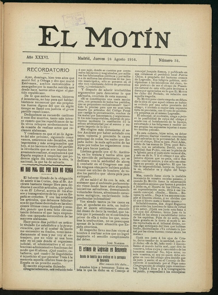 Miniatura de El Motín: periódico satírico semanal del 24 de agosto de 1916. Año 36, número 34