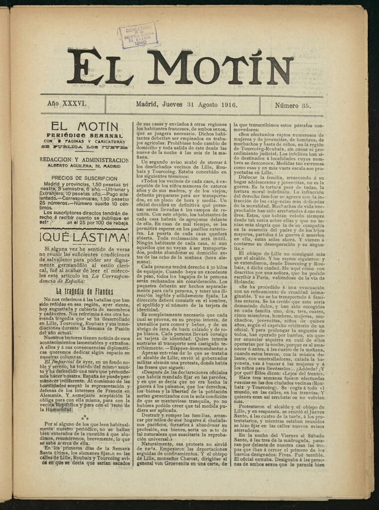 Miniatura de El Motín: periódico satírico semanal del 31 de agosto de 1916. Año 36, número 35