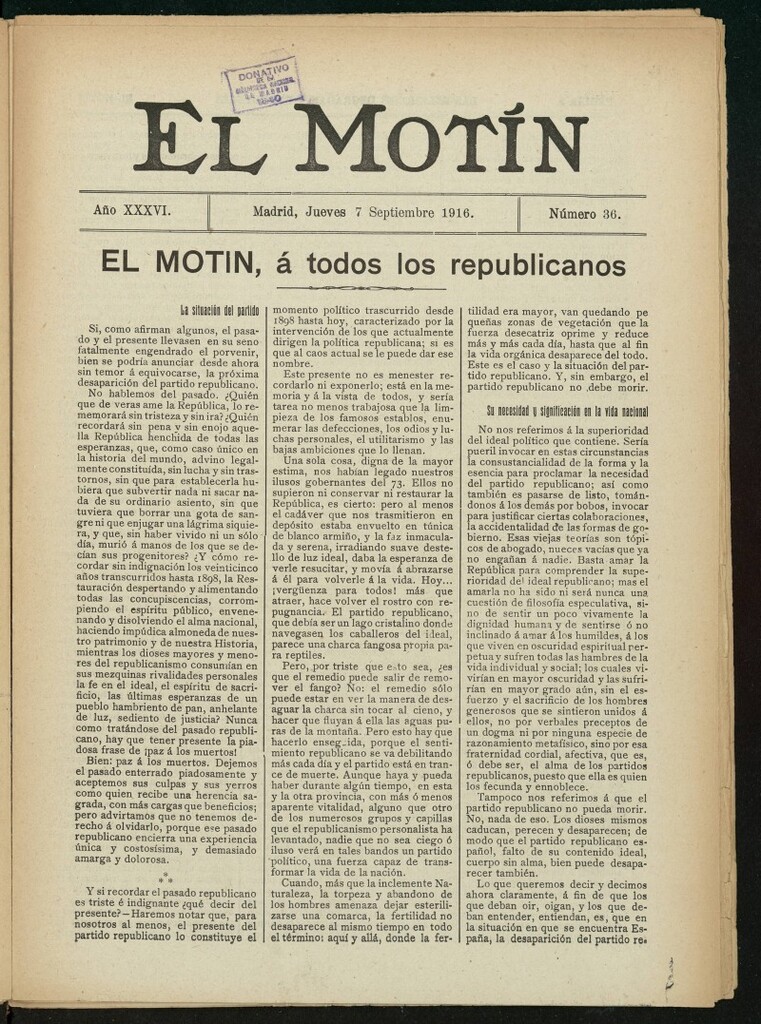 Miniatura de El Motín: periódico satírico semanal del 7 de septiembre de 1916. Año 36, número 36