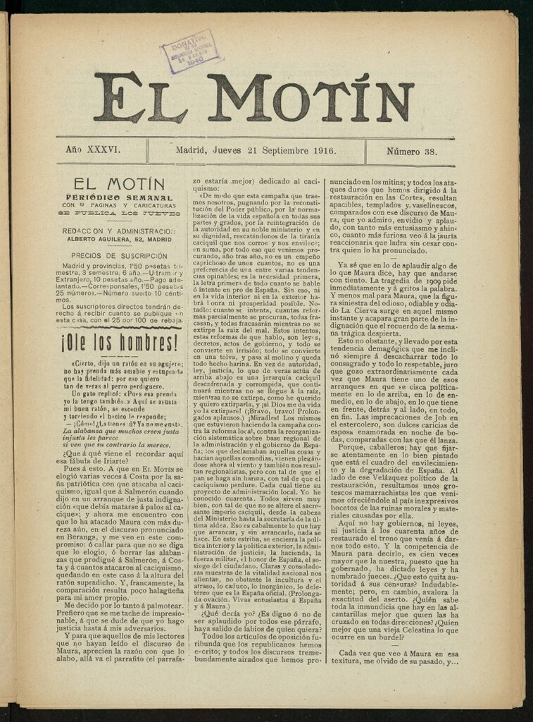 Miniatura de El Motín: periódico satírico semanal del 21 de septiembre de 1916. Año 36, número 38