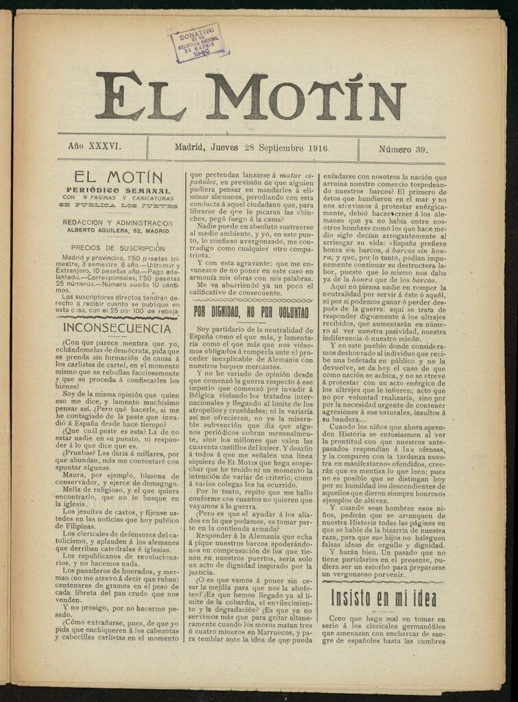 Miniatura de El Motín: periódico satírico semanal del 28 de septiembre de 1916. Año 36, número 39
