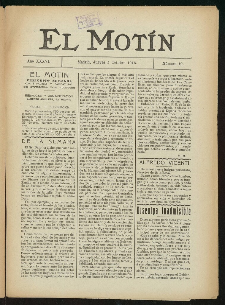 Miniatura de El Motín: periódico satírico semanal del 5 de octubre de 1916. Año 36, número 40