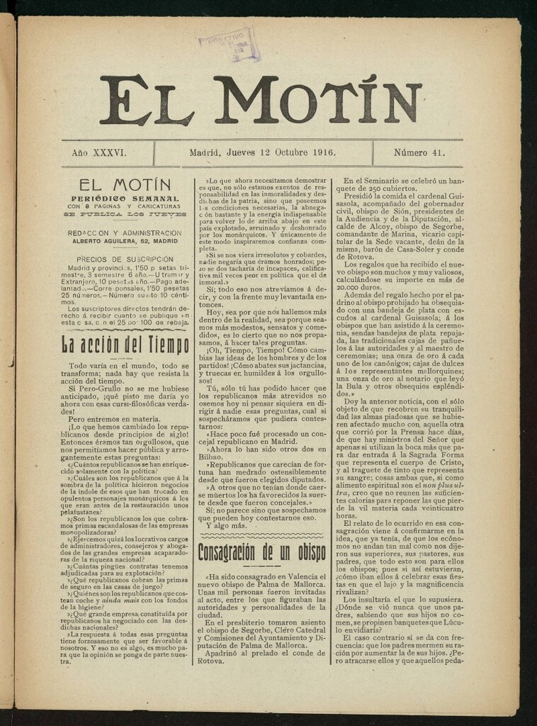 Miniatura de El Motín: periódico satírico semanal del 12 de octubre de 1916. Año 36, número 41