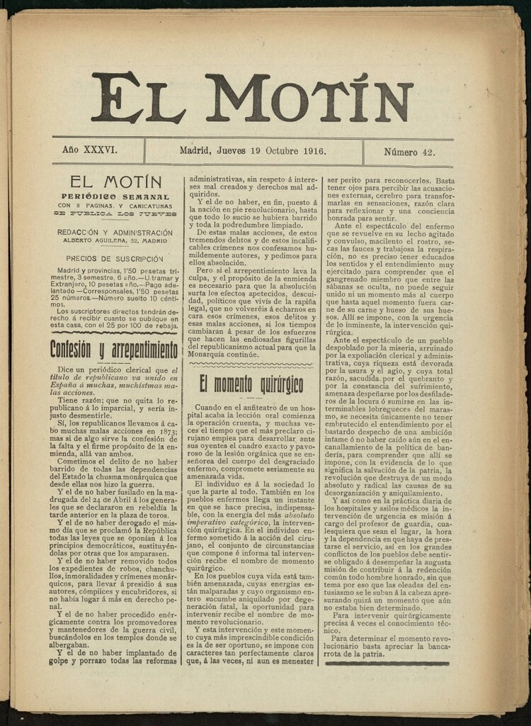 Miniatura de El Motín: periódico satírico semanal del 19 de octubre de 1916. Año 36, número 42