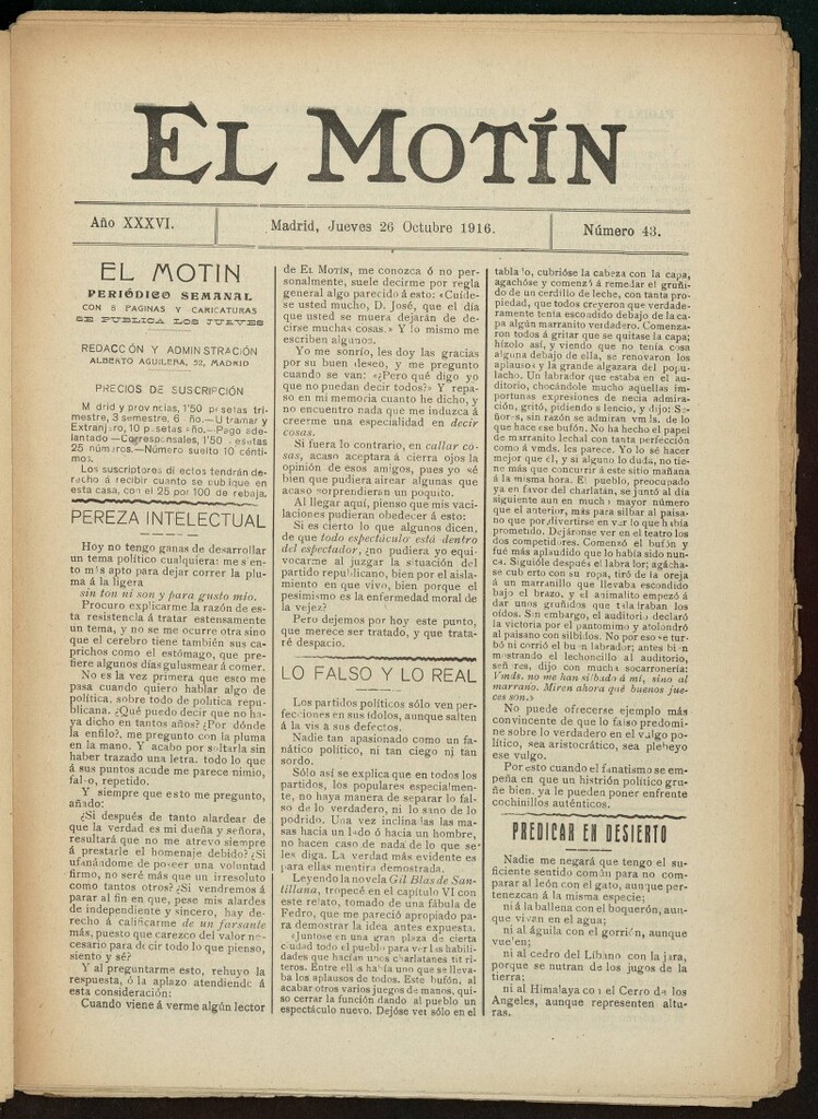Miniatura de El Motín: periódico satírico semanal del 26 de octubre de 1916. Año 36, número 43