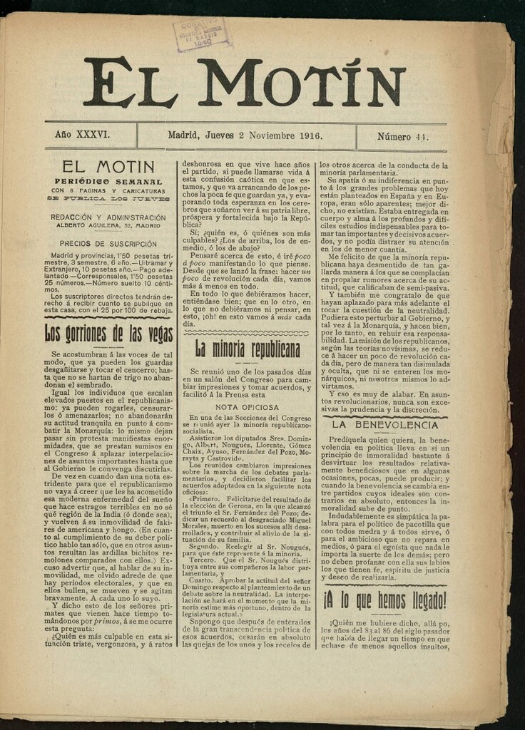 Miniatura de El Motín: periódico satírico semanal del 2 de noviembre de 1916. Año 36, número 44