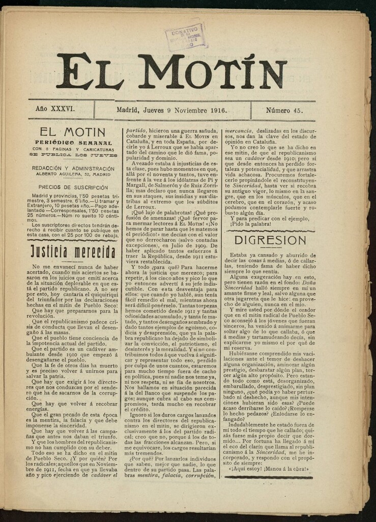 Miniatura de El Motín: periódico satírico semanal del 9 de noviembre de 1916. Año 36, número 45