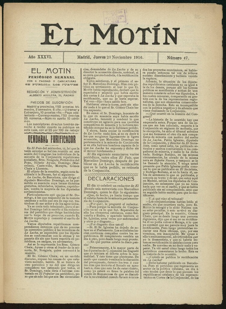 Miniatura de El Motín: periódico satírico semanal del 23 de noviembre de 1916. Año 36, número 47