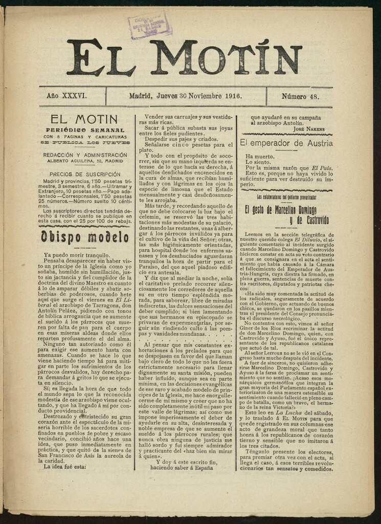 Miniatura de El Motín: periódico satírico semanal del 30 de noviembre de 1916. Año 36, número 48