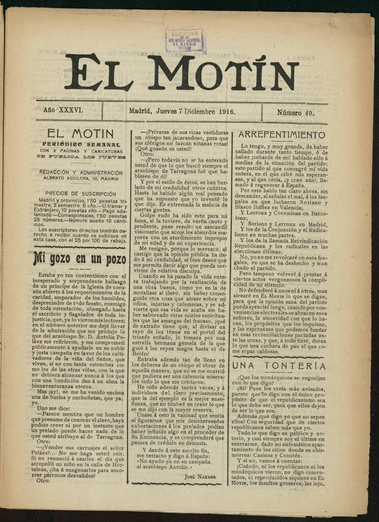 Miniatura de El Motín: periódico satírico semanal del 7 de diciembre de 1916. Año 36, número 49