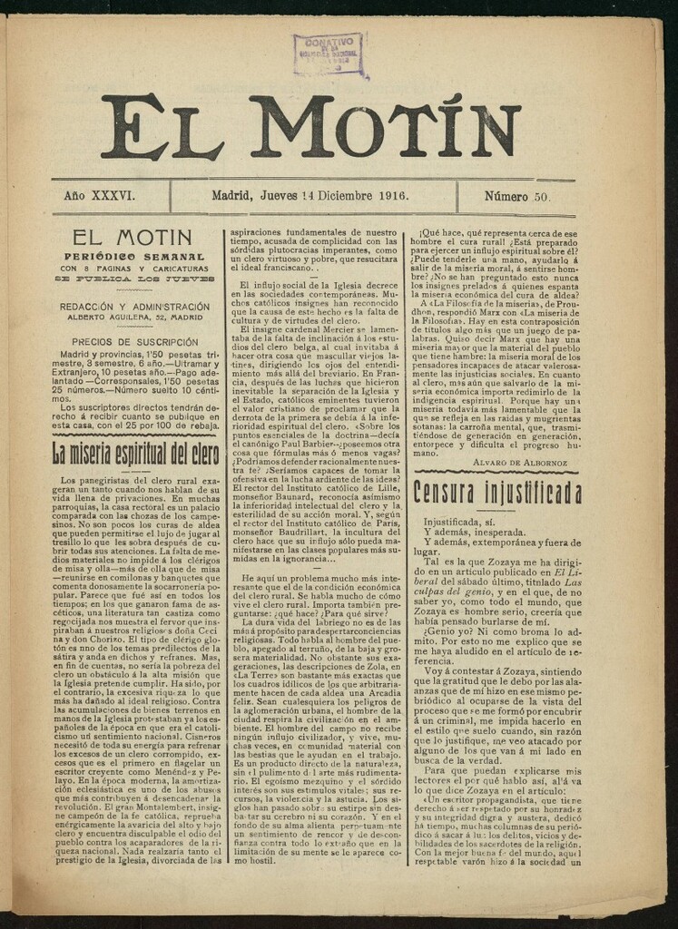 Miniatura de El Motín: periódico satírico semanal del 14 de diciembre de 1916. Año 36, número 50
