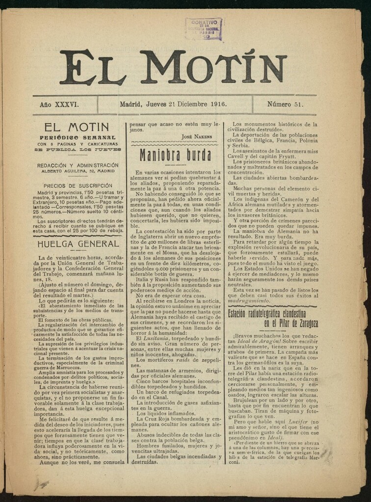 Miniatura de El Motín: periódico satírico semanal del 21 de diciembre de 1916. Año 36, número 51
