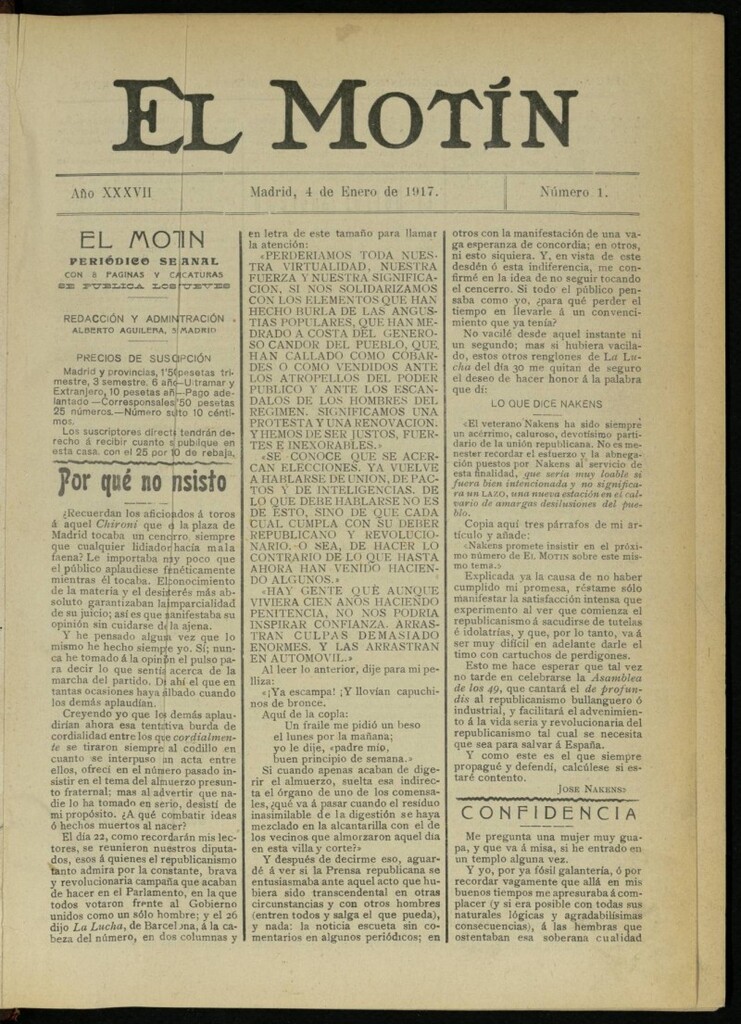 Miniatura de El Motín: periódico satírico semanal del 4 de enero de 1917. Año 37. Número 1