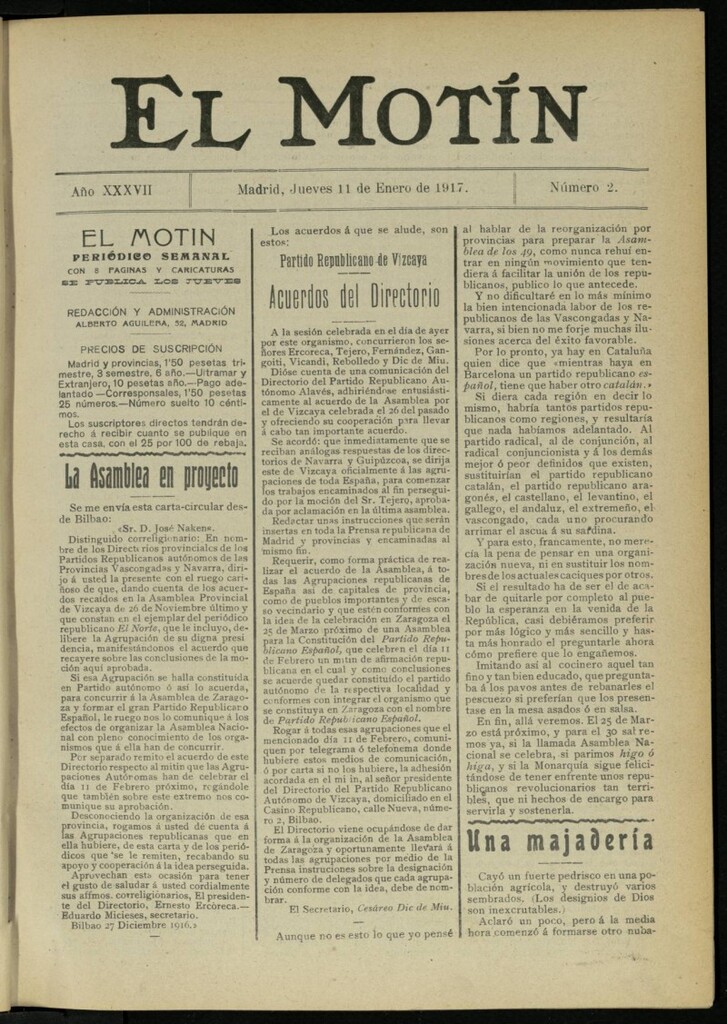 Miniatura de El Motín: periódico satírico semanal del 11 de enero de 1917. Año 37. Número 2