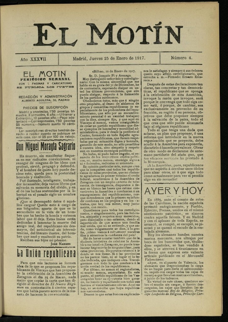 Miniatura de El Motín: periódico satírico semanal del 25 de enero de 1917. Año 37. Número 4