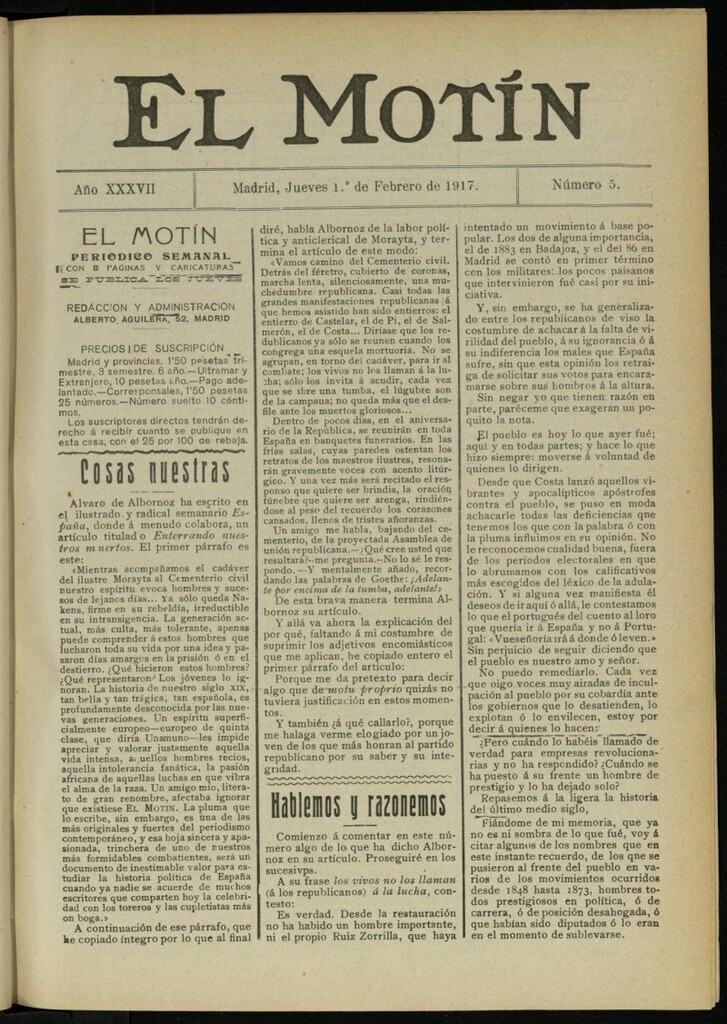 Miniatura de El Motín: periódico satírico semanal del 1 de febrero 1917. Año 37. Número 5