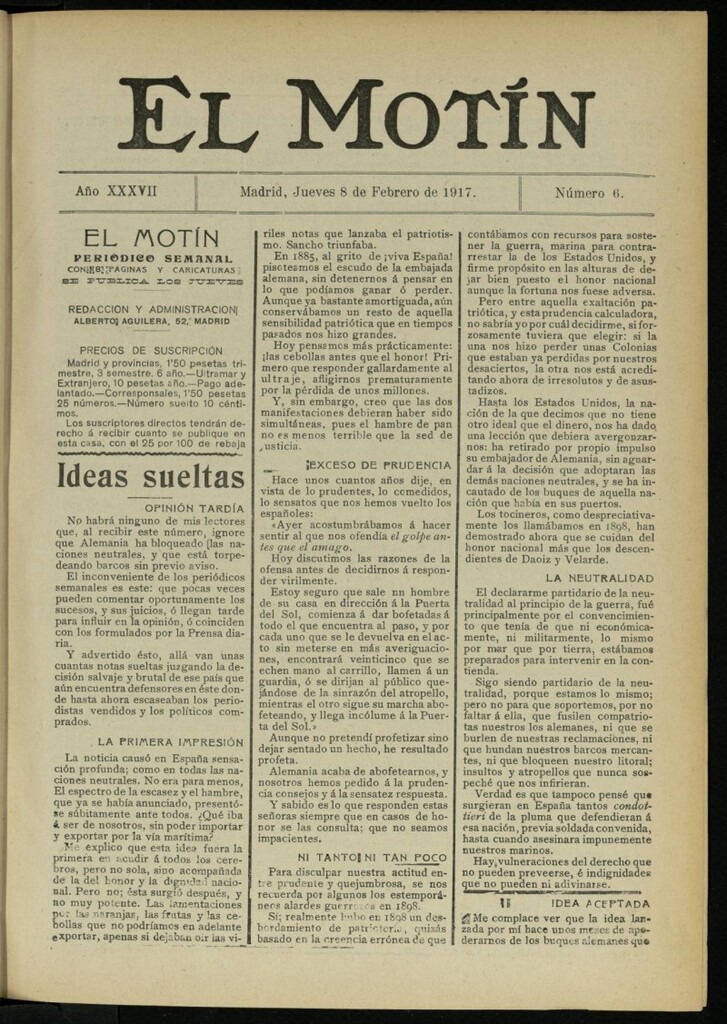 Miniatura de El Motín: periódico satírico semanal del 8 de febrero de 1917. Año 37. Número 6