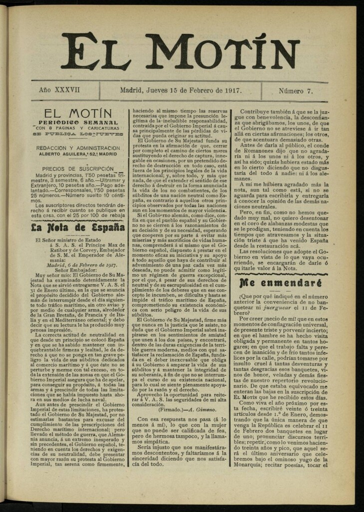 Miniatura de El Motín: periódico satírico semanal del 15 de febrero de 1917. Año 37. Número 7