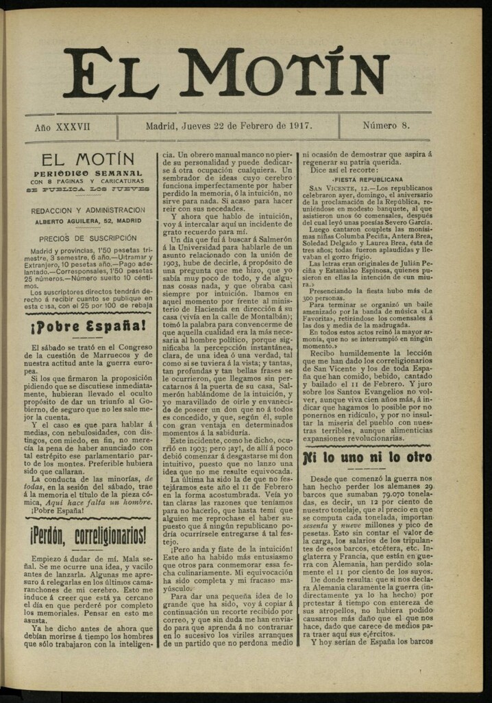 Miniatura de El Motín: periódico satírico semanal del 22 de febrero de 1917. Año 37. Número 8