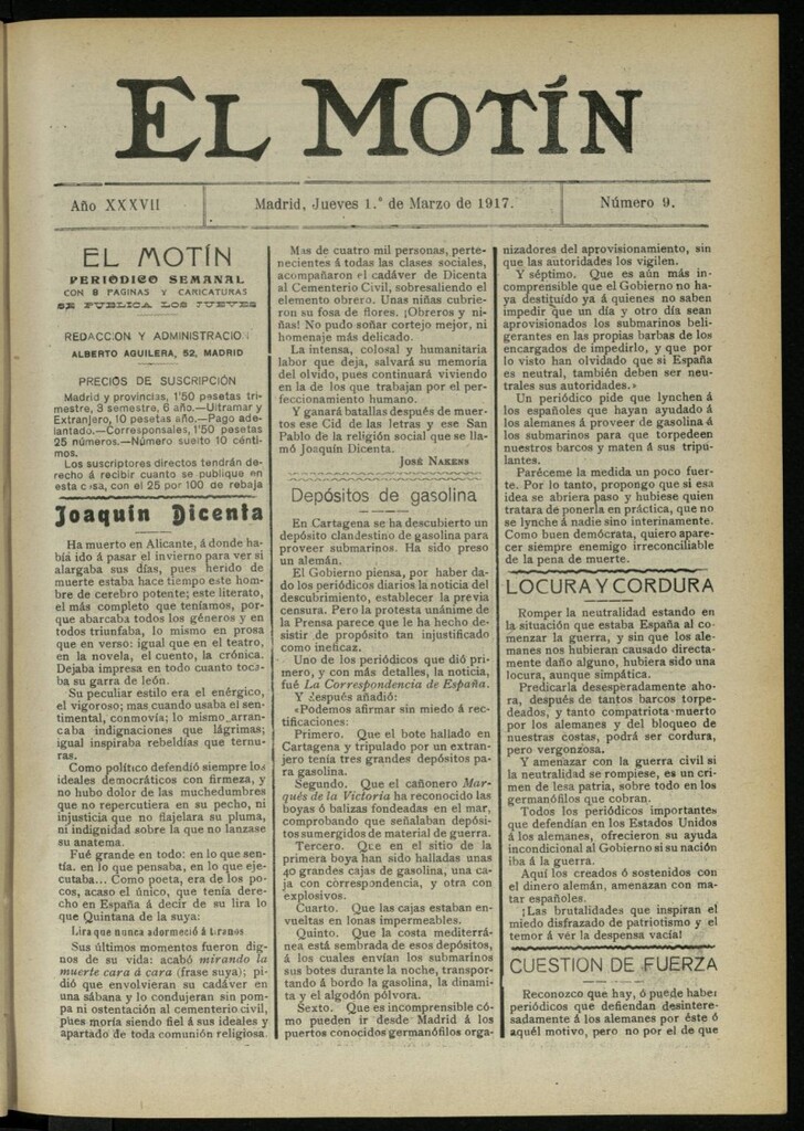 Miniatura de El Motín: periódico satírico semanal del 1 de marzo de 1917. Año 37. Número 9