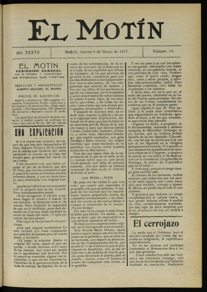 Miniatura de El Motín: periódico satírico semanal del 8 de marzo de 1917. Año 37. Número 10