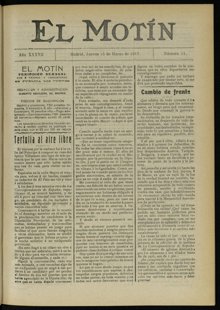 Miniatura de El Motín: periódico satírico semanal del 15 de marzo de 1917. Año 37. Número 11