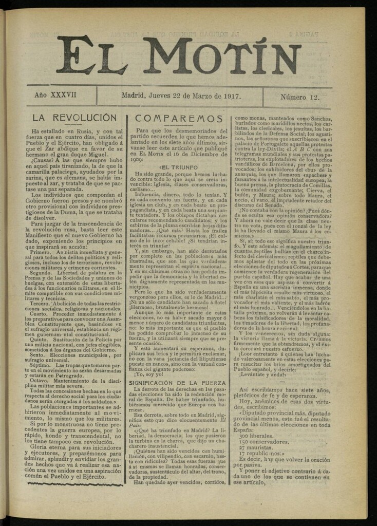 Miniatura de El Motín: periódico satírico semanal del 22 de marzo de 1917. Año 37. Número 12