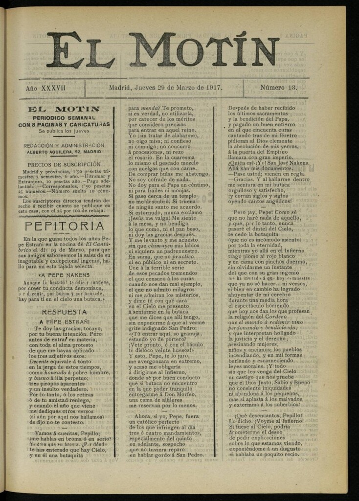 Miniatura de El Motín: periódico satírico semanal del 29 de marzo de 1917. Año 37. Número 13