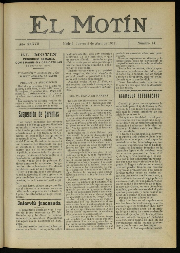 Miniatura de El Motín: periódico satírico semanal del 5 de abril de 1917. Año 37. Número 14