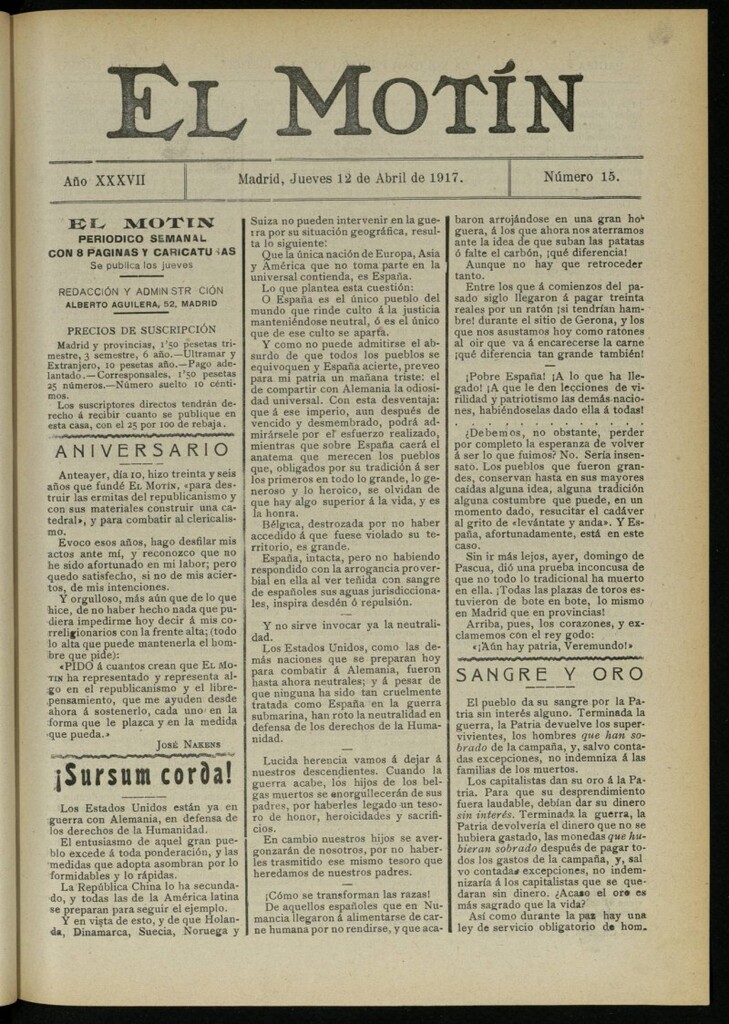 Miniatura de El Motín: periódico satírico semanal del 12 de abril de 1917. Año 37. Número 15