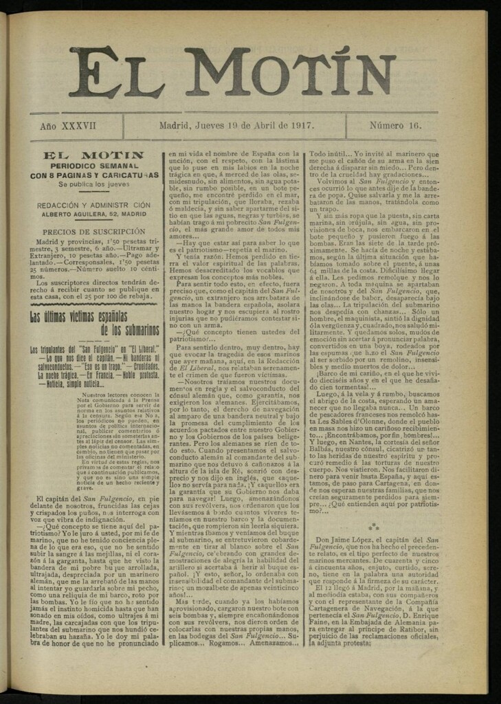 Miniatura de El Motín: periódico satírico semanal del 19 de abril de 1917. Año 37. Número16