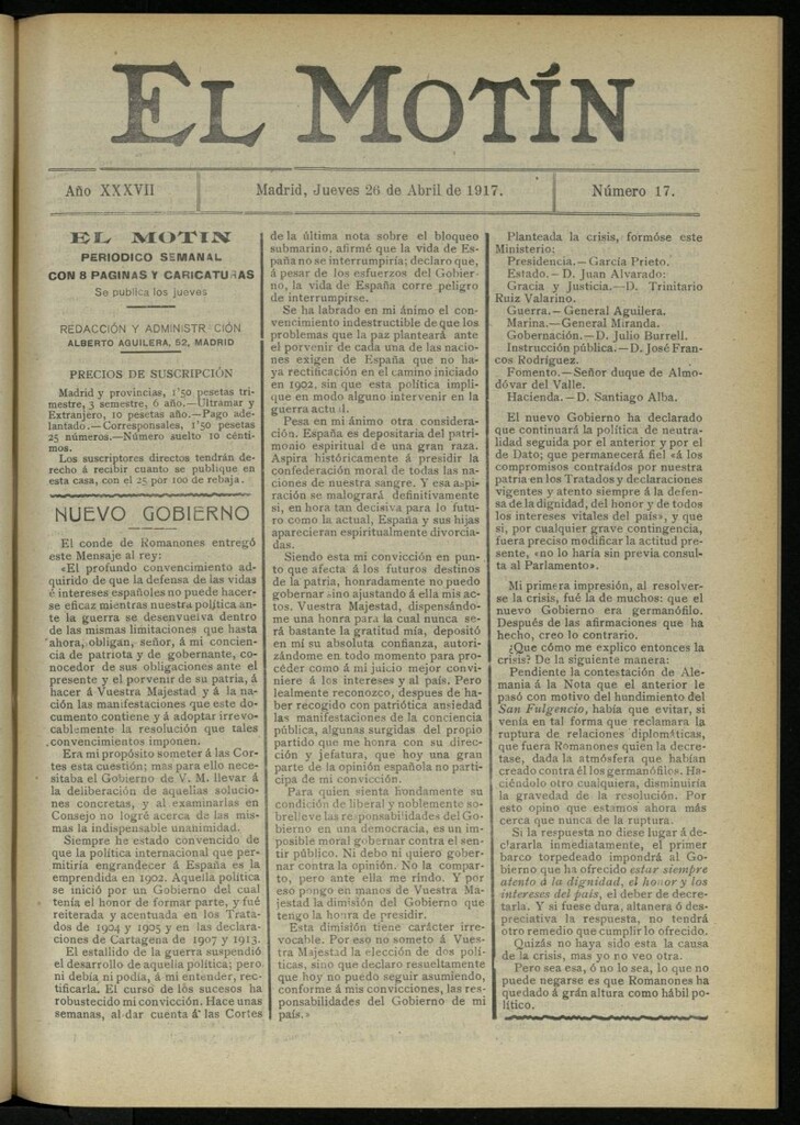 Miniatura de El Motín: periódico satírico semanal del 26 de abril de 1917. Año 37. Número17