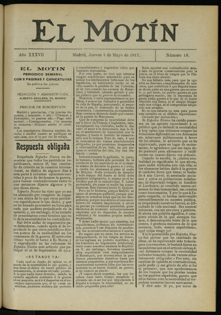 Miniatura de El Motín: periódico satírico semanal del 3 de mayo de 1917. Año 37. Número 18