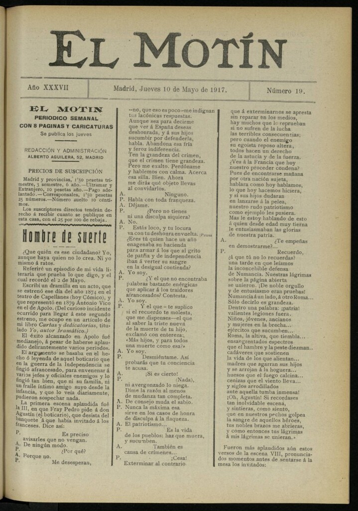 Miniatura de El Motín: periódico satírico semanal del 10 de mayo de 1917. Año 37. Número 19