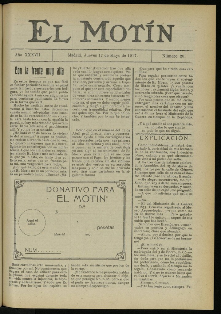 Miniatura de El Motín: periódico satírico semanal del 17 de mayo de 1917. Año 37. Número 20