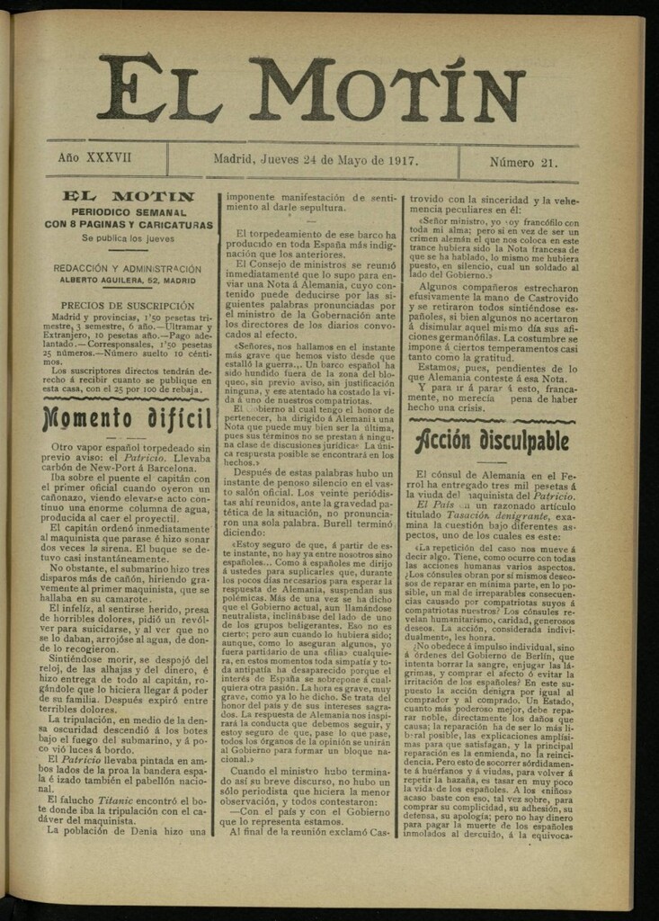 Miniatura de El Motín: periódico satírico semanal del 24 de mayo de 1917. Año 37. Número 21