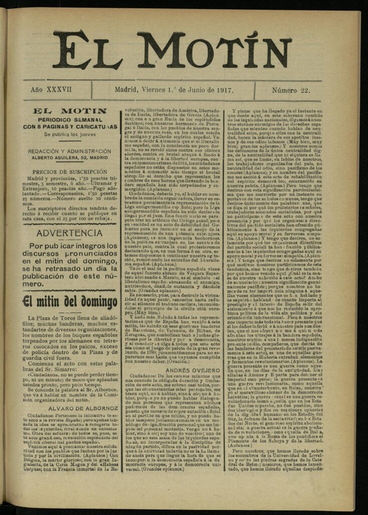 Miniatura de El Motín: periódico satírico semanal del 1 de junio de 1917. Año 37. Número 22
